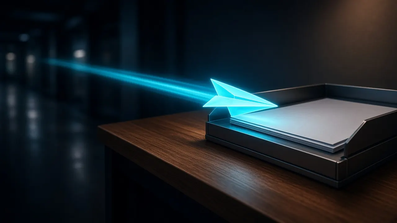 Cyan light trail from a dark hallway to an executive inbox tray
