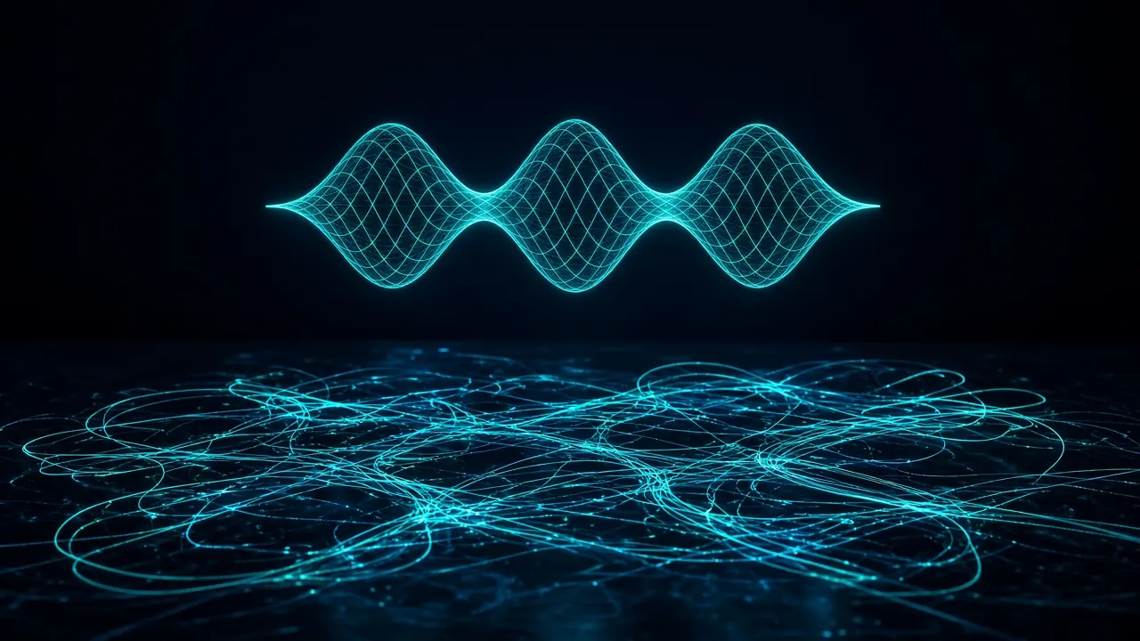 Clean cyan waveform of light above a messy scribble in a dark room