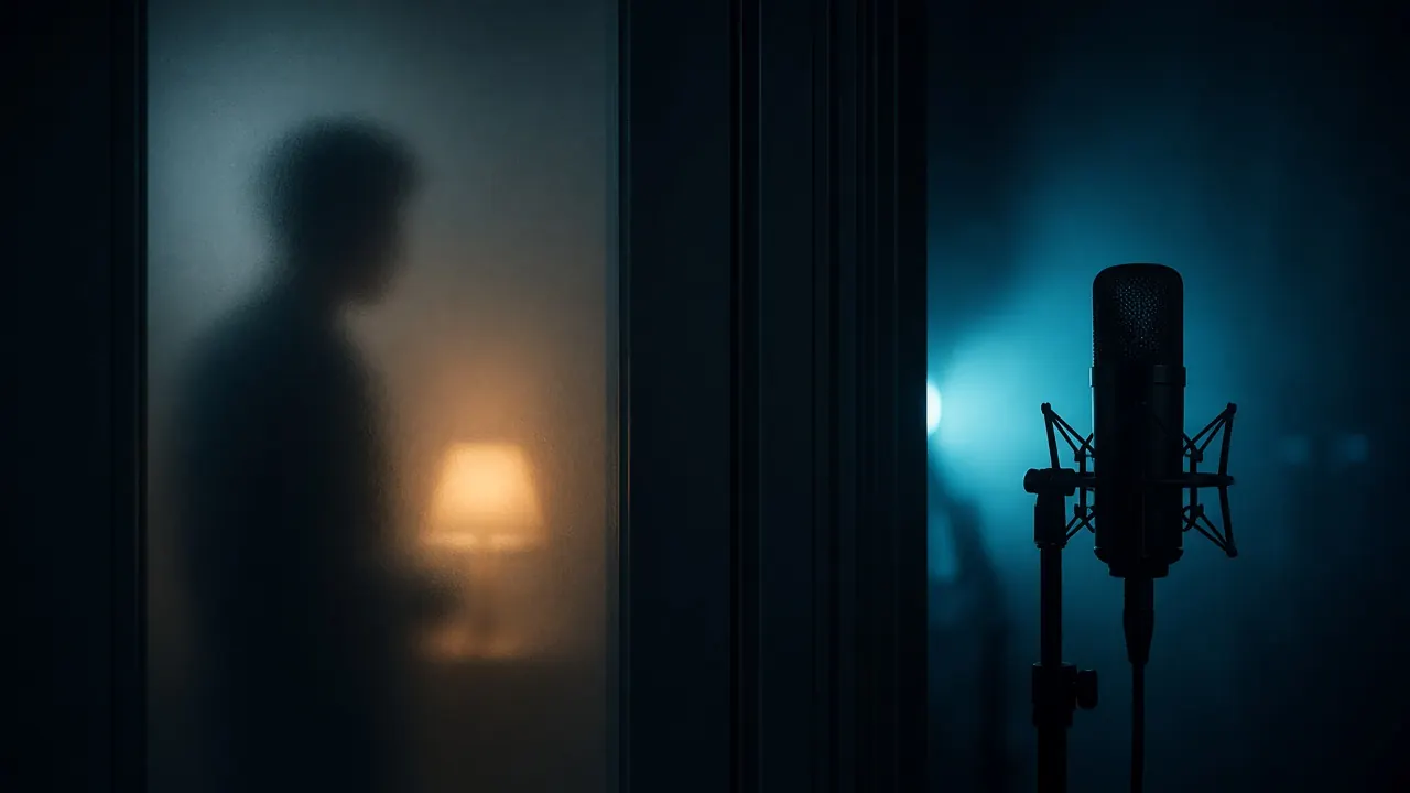 Silhouettes separated by frosted glass, a microphone in cyan light