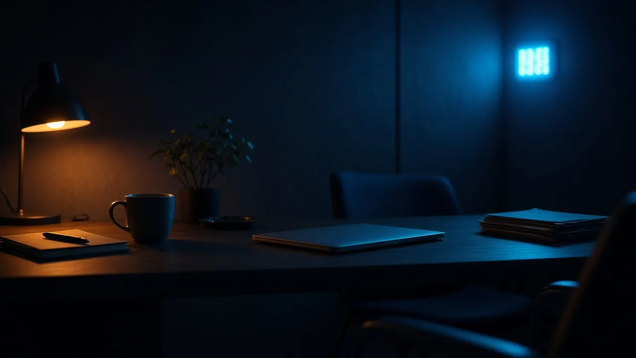 Empty late-night desk, cold coffee, cyan clock glow