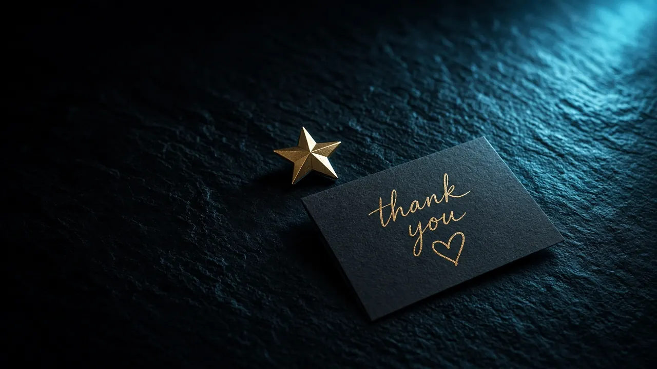 A gold star and thank-you card in cyan studio light