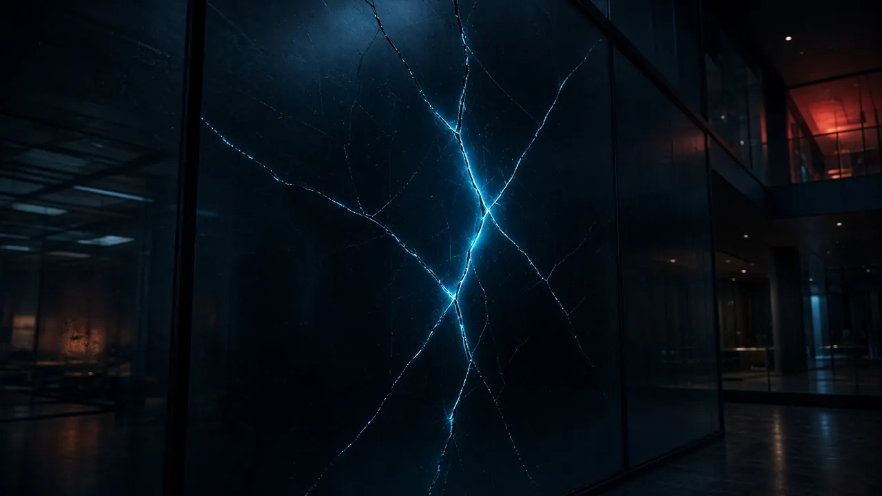 Cracked dark glass with cyan light leaking through