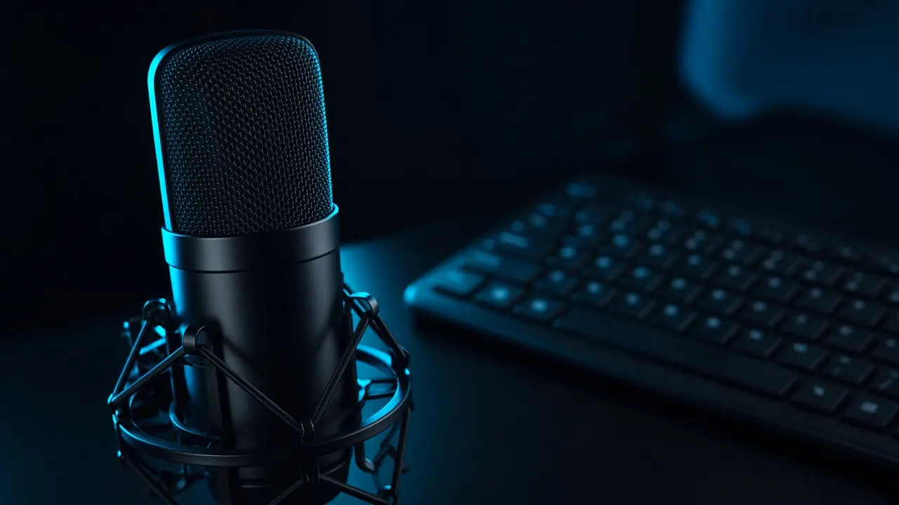 Studio microphone in cyan light beside a dim keyboard